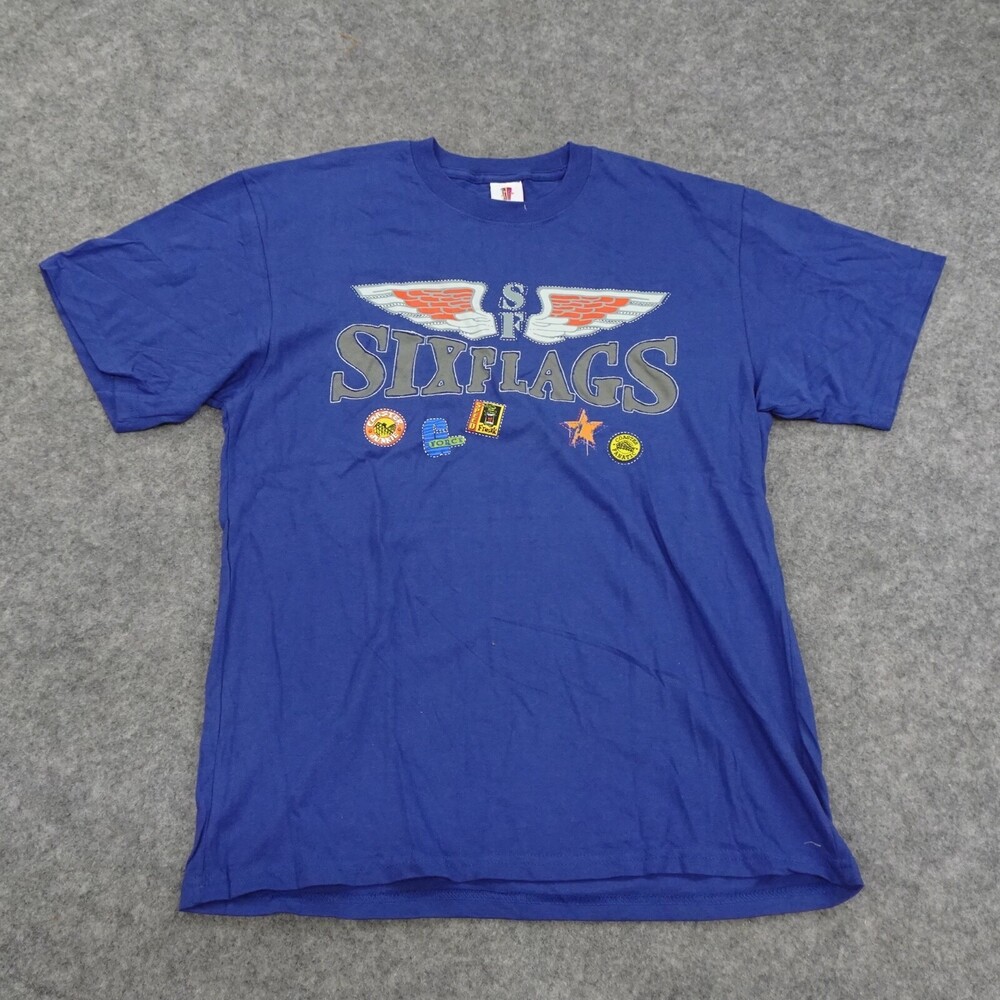Six Flags T Shirt Mens Medium G Force Speed Freak Coaster Fanatic Blue Slides